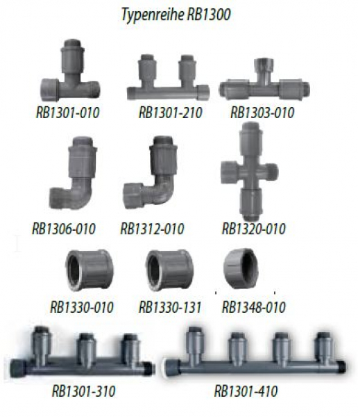 PVC-T-Stück - Typenreihe RB1300 - 1“ IG x 1“ AG, 1 Ausgang: 1“ AG - Typ RB1301010